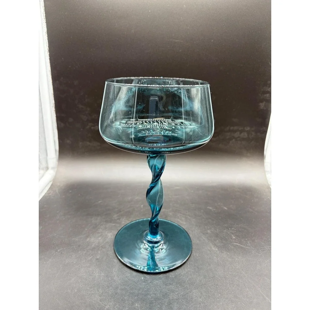 Vintage Teal Blue Twisted Stem Glass Coupe Champagne Cocktail Mid Century Modern